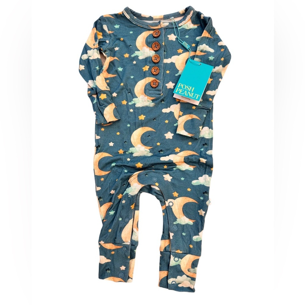⭐️ Posh Peanut Bamboo Moon and Stars Baby Footless Henley Romper 6-9 Months 🌝